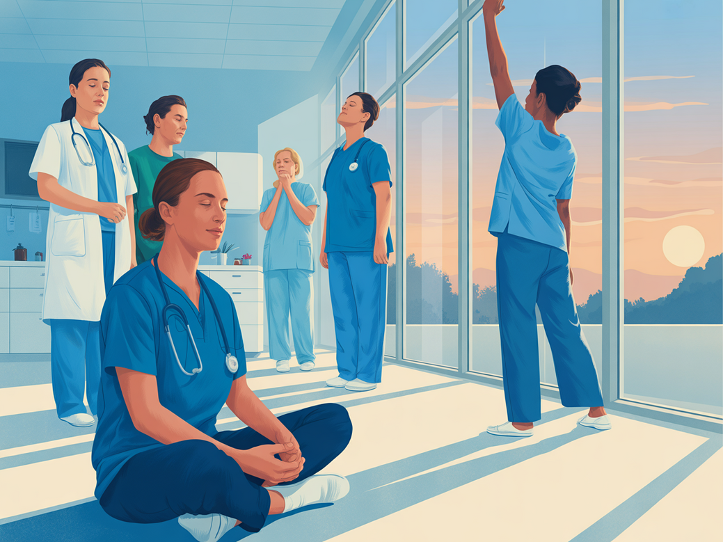 Grupo de profissionais da saúde, médicos e enfermeiros, fazendo uma pausa para meditação e yoga em um ambiente hospitalar calmo.
