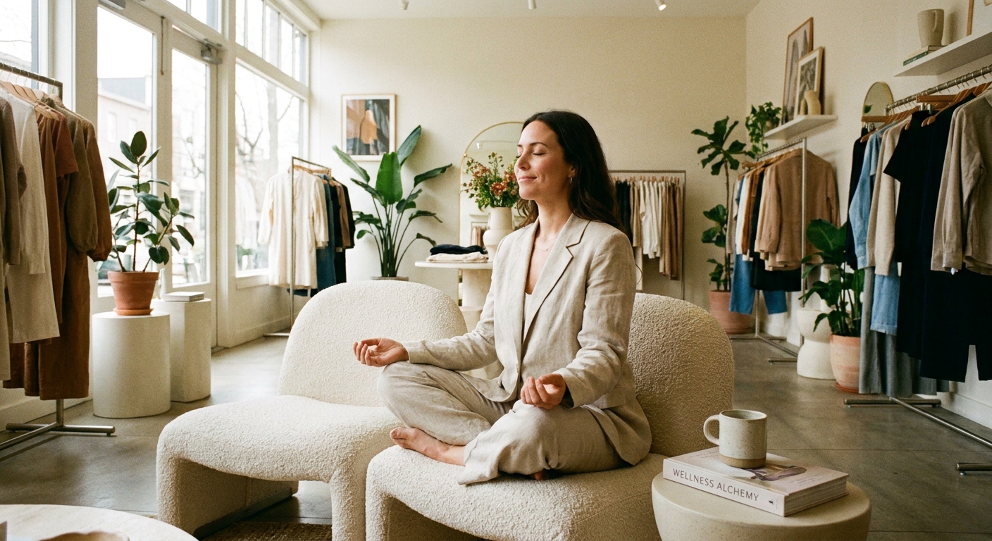 Mulher empreendedora fazendo uma pausa para meditação em sua loja de moda, participando do desafio de bem-estar para empreendedoras da Vitalizen