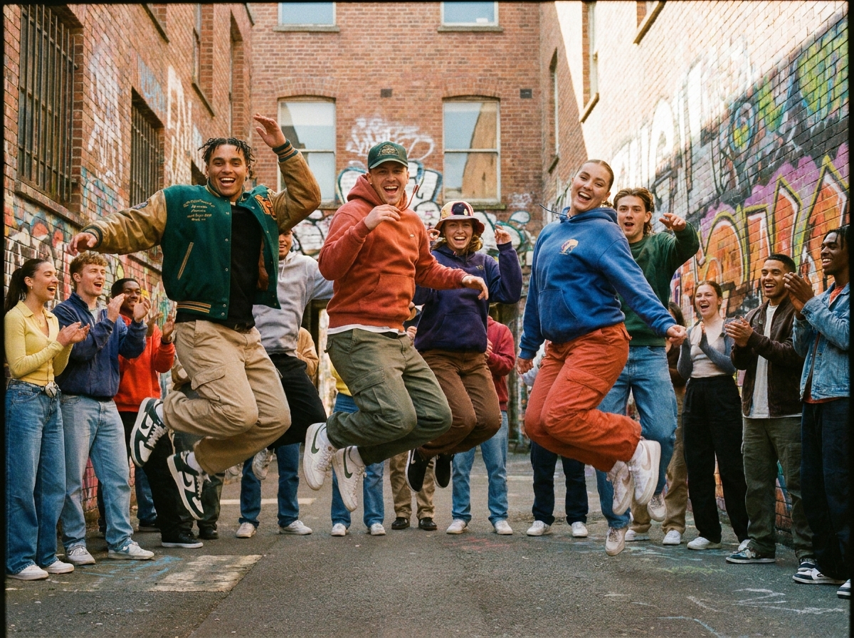 Jovens dançando coreografia em grupo ao ar livre