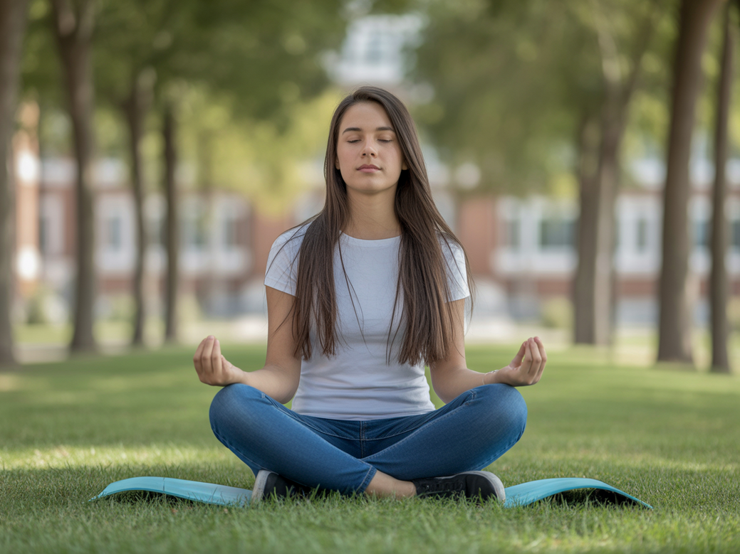 Universitário praticando mindfulness para aliviar a ansiedade nos estudos e aumentar a concentração.