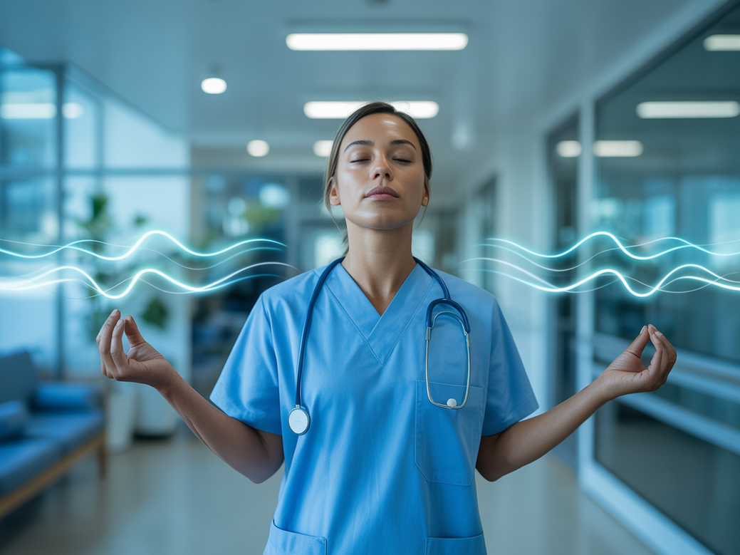Profissional da saúde praticando meditação para trabalhadores da saúde durante uma pausa no plantão hospitalar.