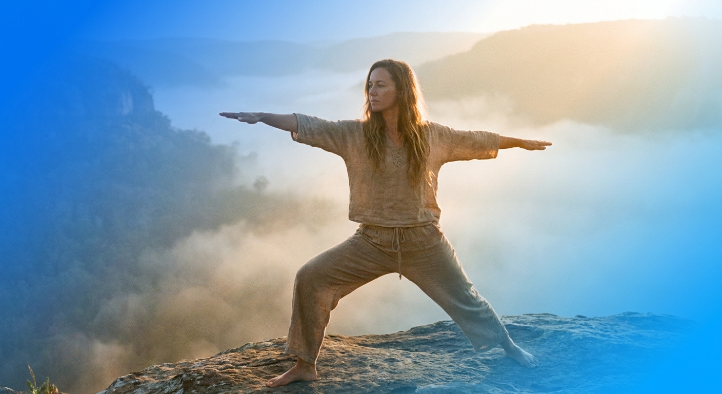 Mulher praticando yoga Warrior II ao amanhecer no Desafio Vitalizen