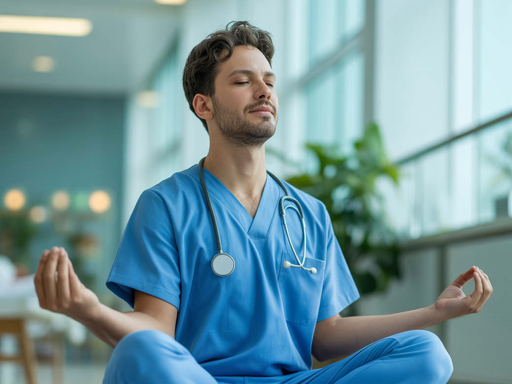 Profissional da saúde praticando yoga em um momento de pausa, demonstrando o conceito de yoga para trabalhadores da saúde.
