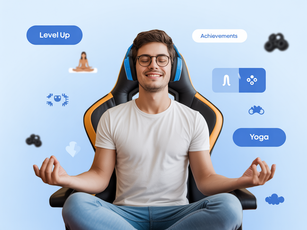 Um gamer profissional praticando yoga para gamers em sua cadeira ergonômica, melhorando sua postura e foco.