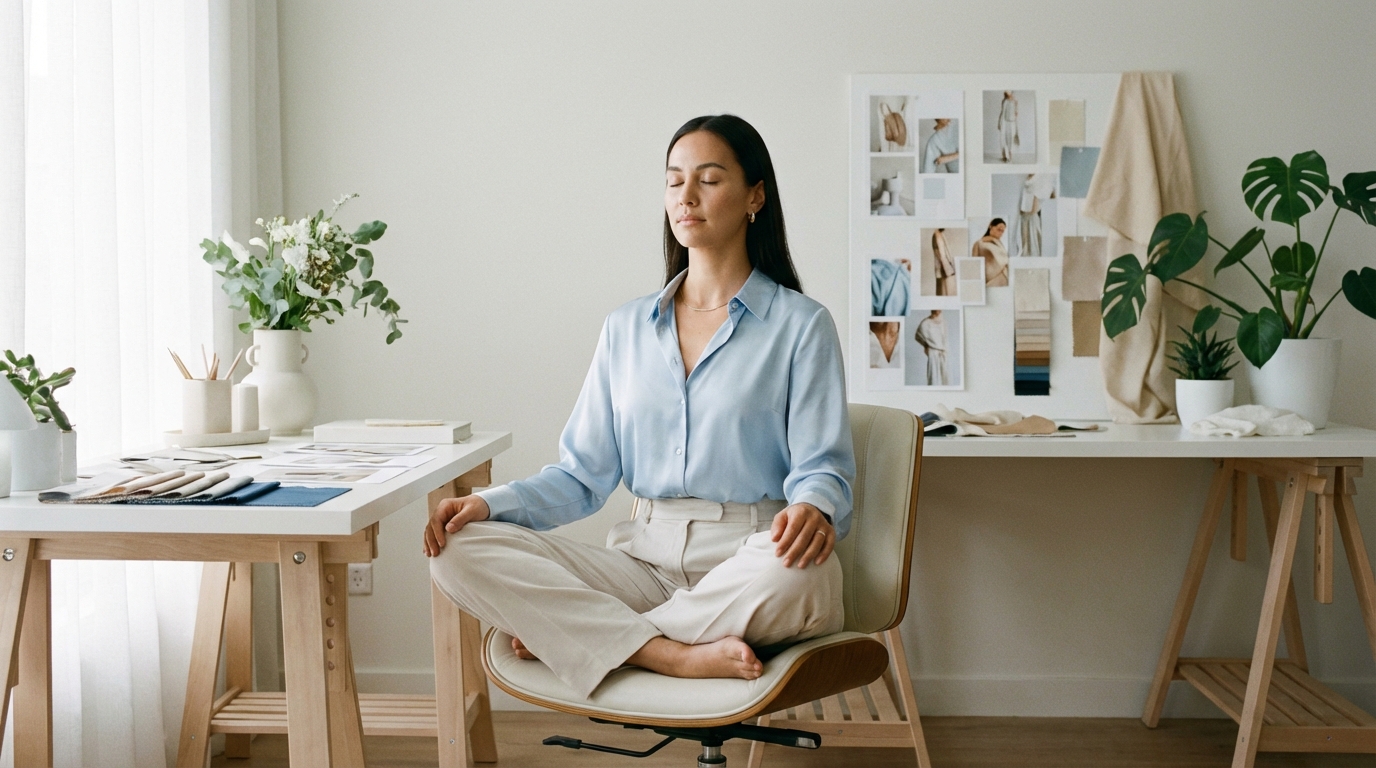 Empreendedora de moda praticando yoga no escritório para aliviar desafios de bem-estar