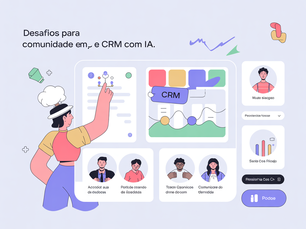 Visão futurista de um dashboard de CRM com IA mostrando o engajamento de uma comunidade de clientes em 2026, destacando os desafios para comunidade.
