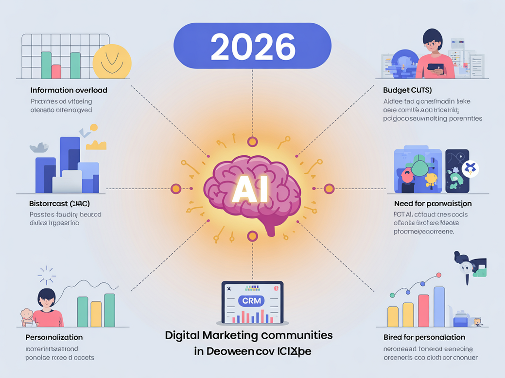 Ilustração moderna sobre os desafios de comunidade em 2026, mostrando pessoas conectadas por um CRM com IA.