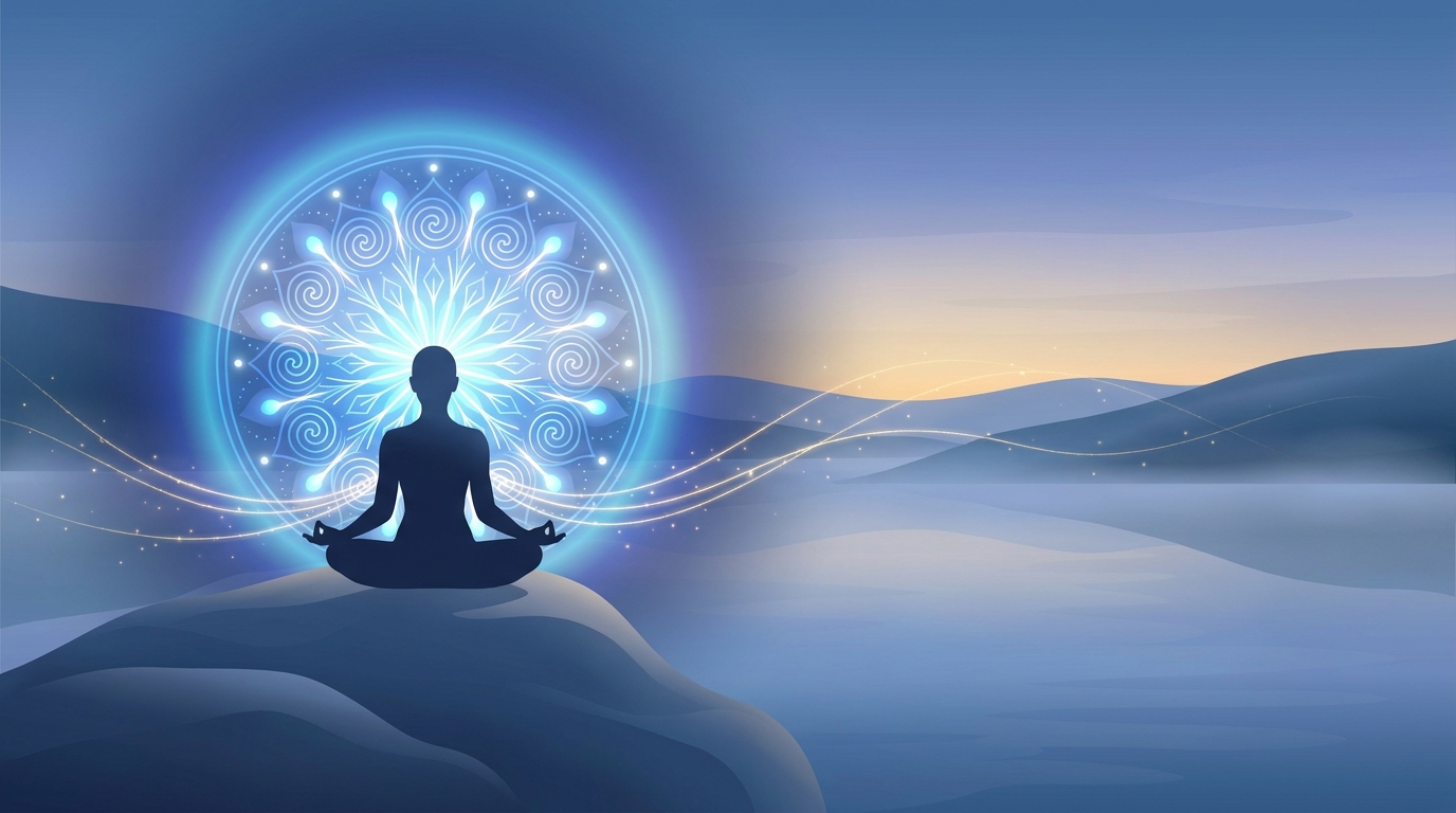 Pessoa meditando em ambiente sereno com tons azuis da marca Vitalizen, simbolizando os desafios da comunidade espiritual