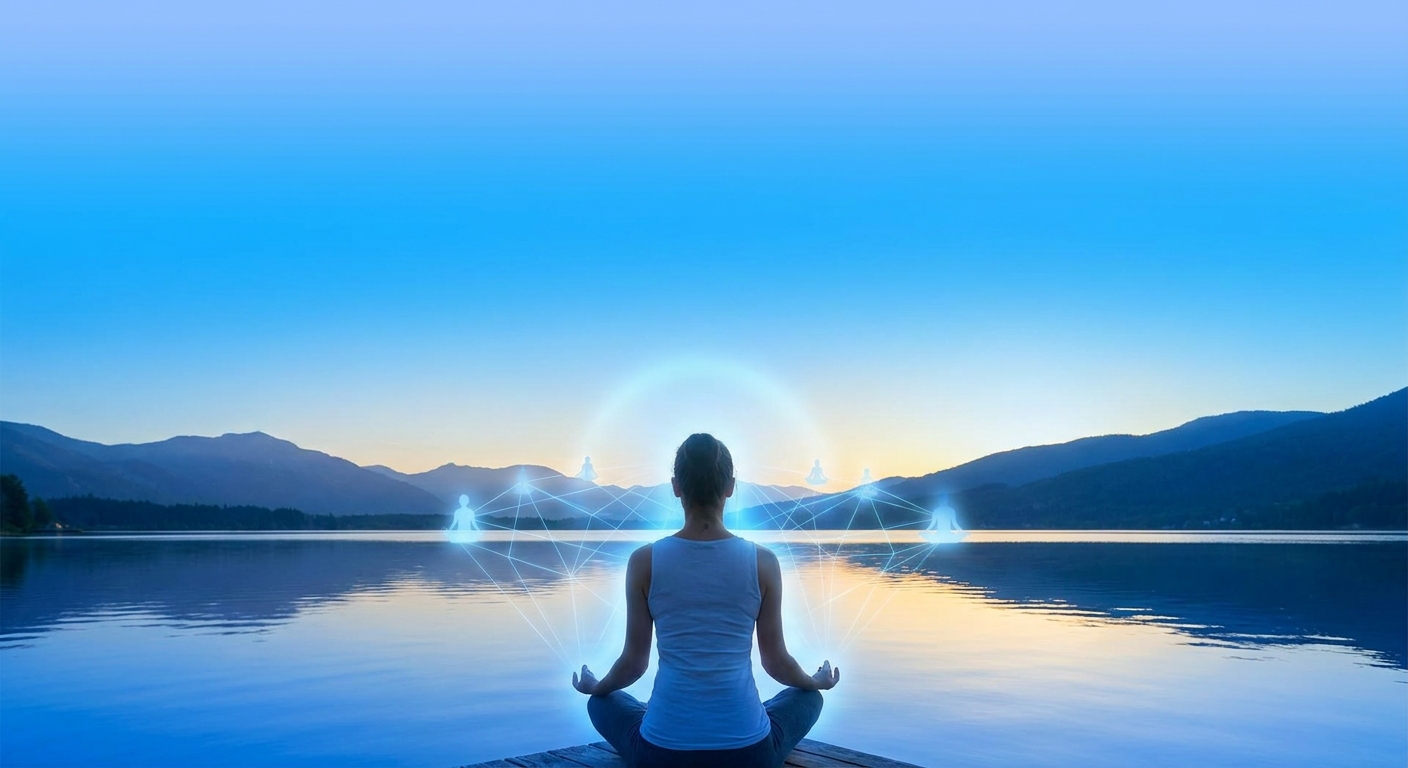 Pessoa meditando em posição de lótus ao amanhecer com aura azul representando conexão espiritual e comunidade