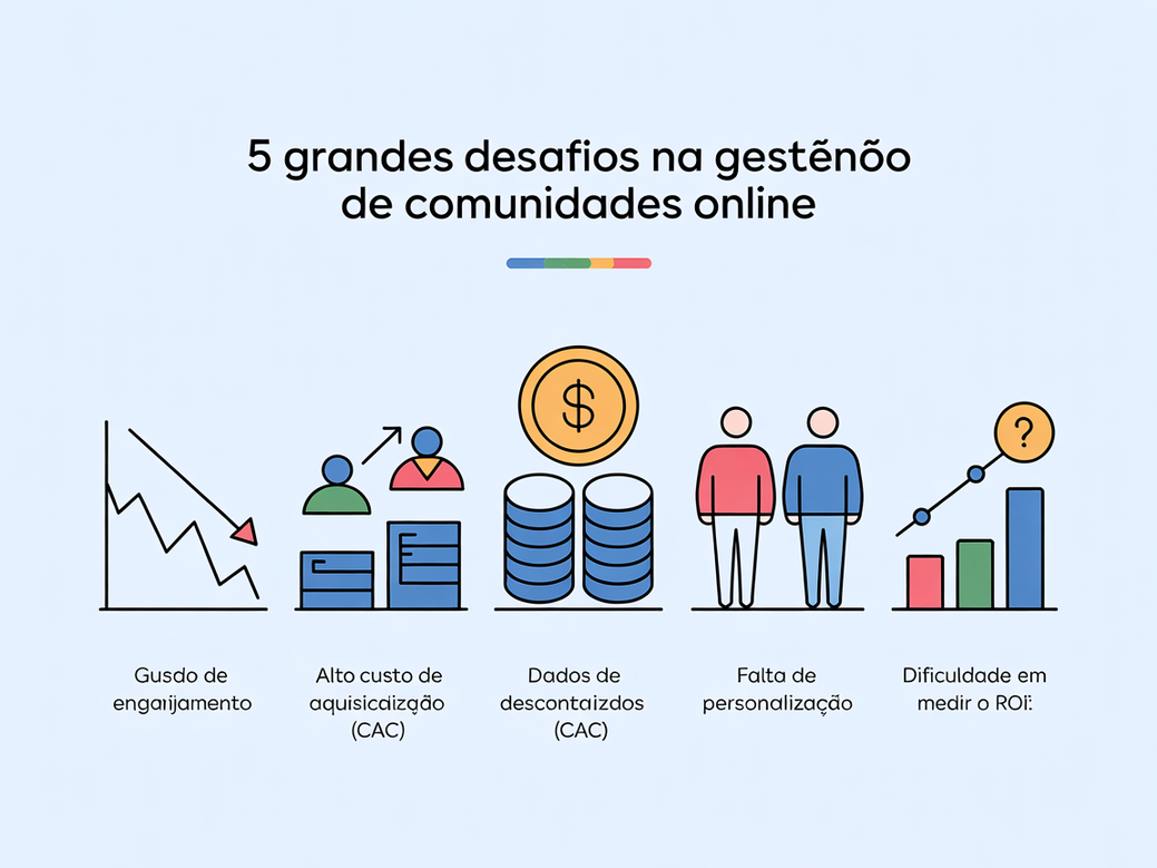 Infográfico destacando como um CRM para comunidade com IA resolve os principais desafios de gestão de comunidades online em 2026.