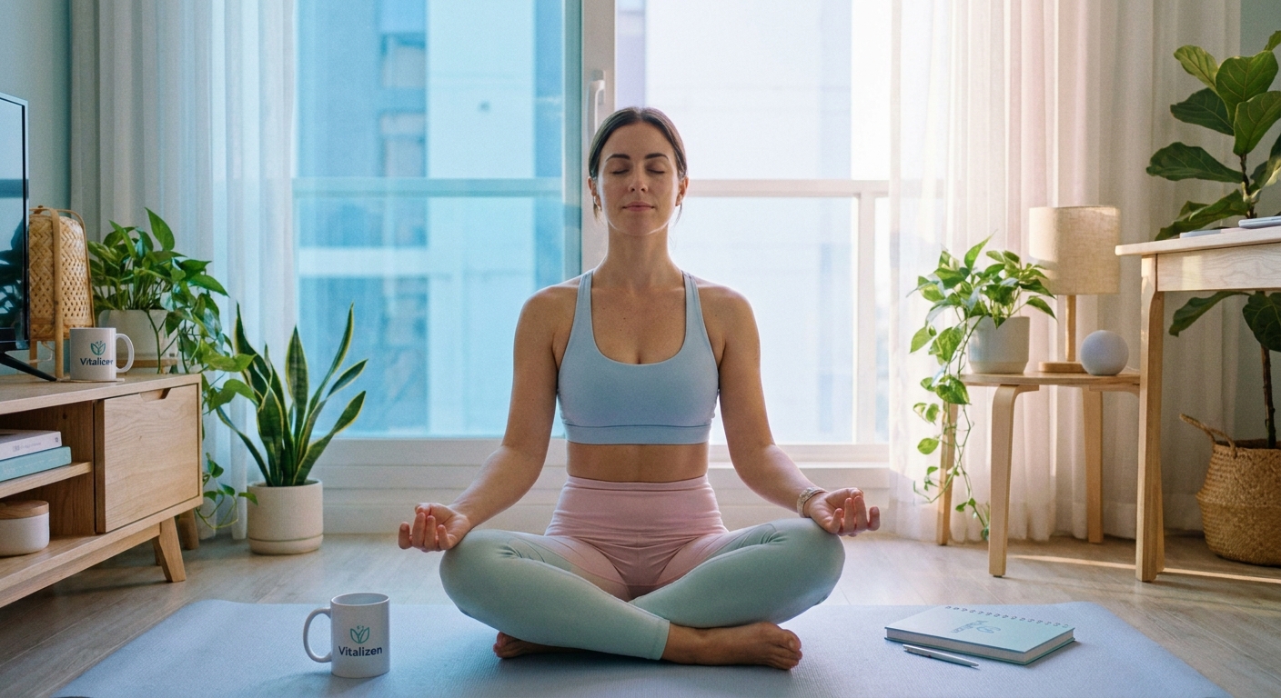 Empreendedora digital praticando yoga em home office ao amanhecer com luz natural suave e ambiente zen
