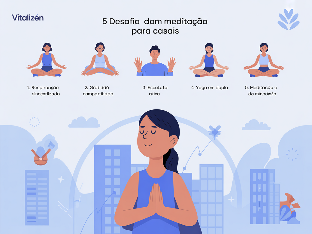 Infográfico resumindo os 5 desafios da meditação para casais com ícones e duração.