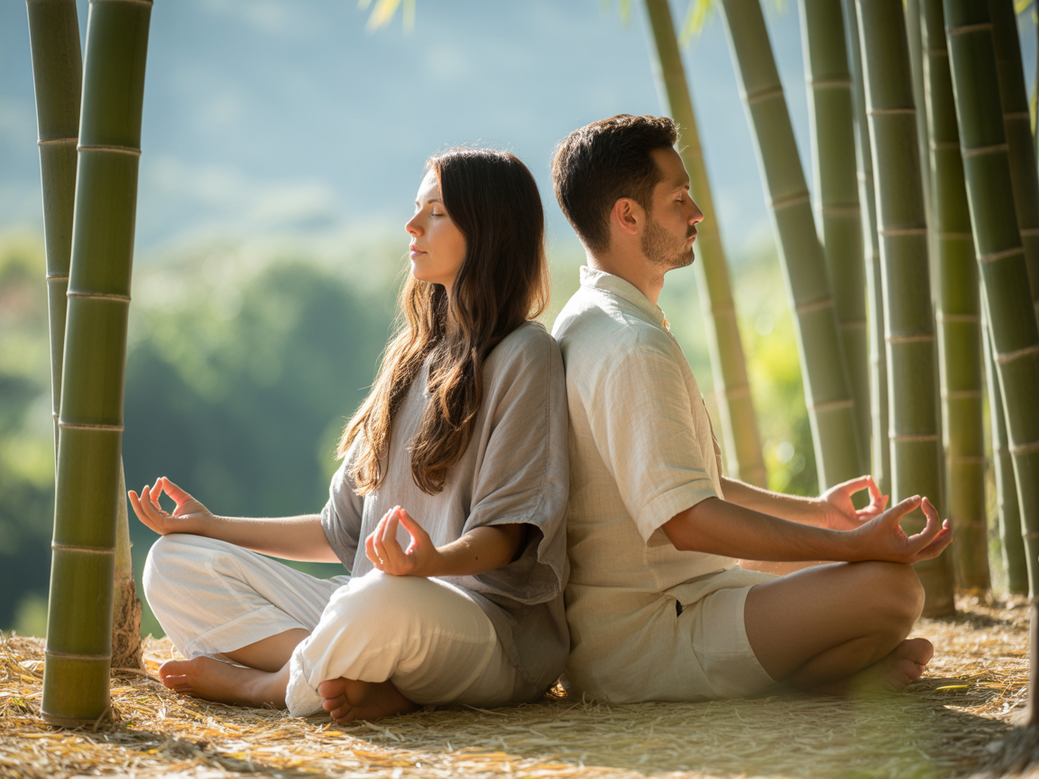 Casal feliz praticando meditação para casais em um ambiente tranquilo e iluminado.