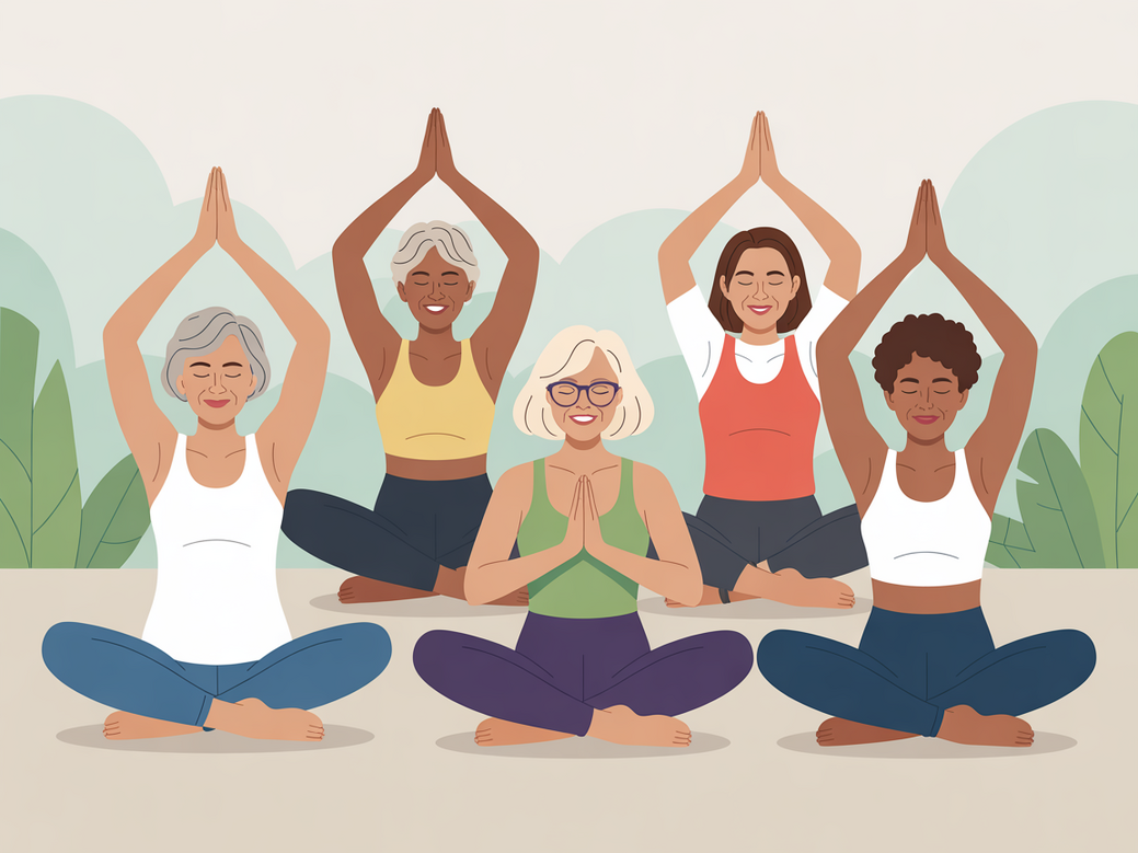 Grupo de mulheres maduras praticando yoga para menopausa online em comunidade, demonstrando bem-estar e conexão.