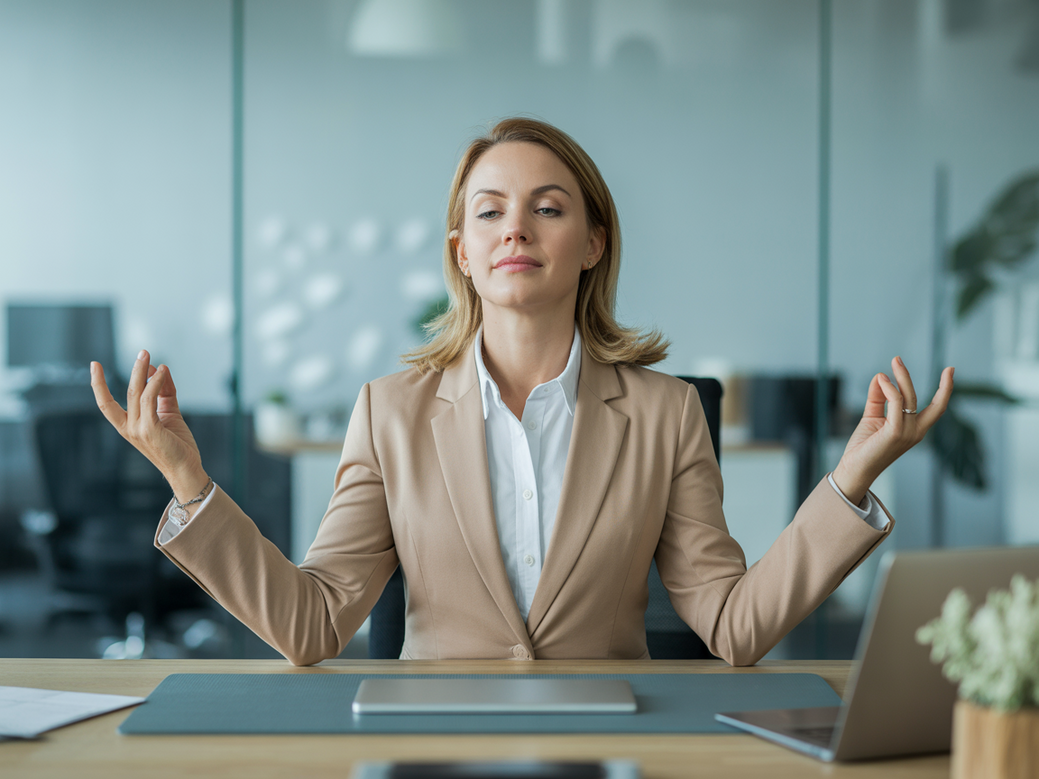 Mulher executiva realizando um desafio de yoga para estresse em seu escritório, demonstrando uma pausa para bem-estar.