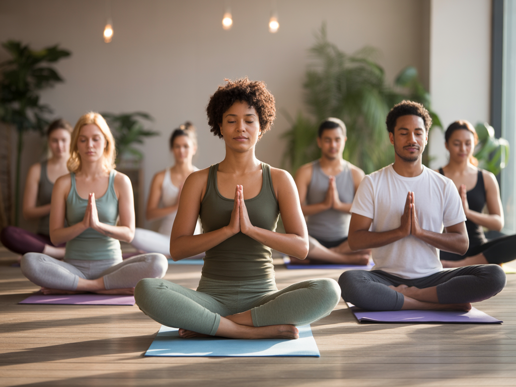 Comunidade participando de desafios de yoga para fortalecer a comunidade espiritual em um ambiente de paz.
