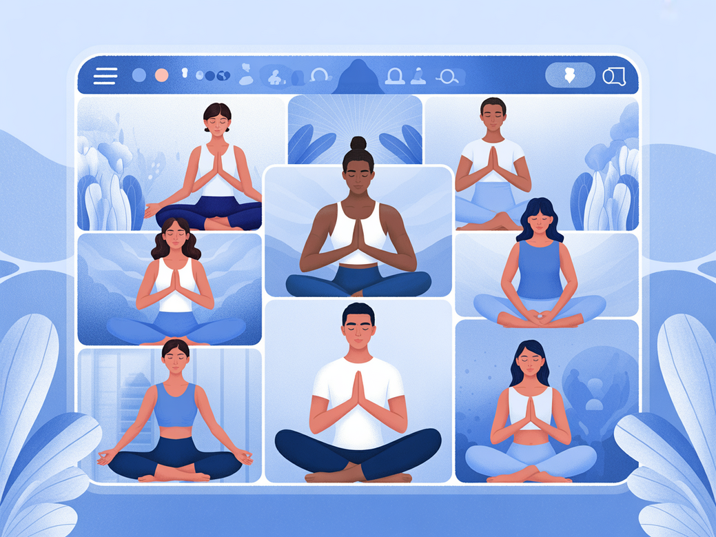 Pessoas praticando yoga em comunidade online como forma de reabilitação emocional.