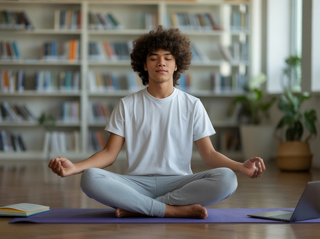 Estudante universitário praticando yoga para ansiedade em seu dormitório, demonstrando bem-estar.