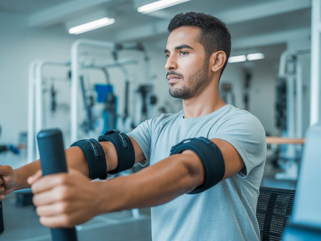 Desenvolvimento de ombro na máquina, exercício seguro para a reabilitação de ombro pós-covid.