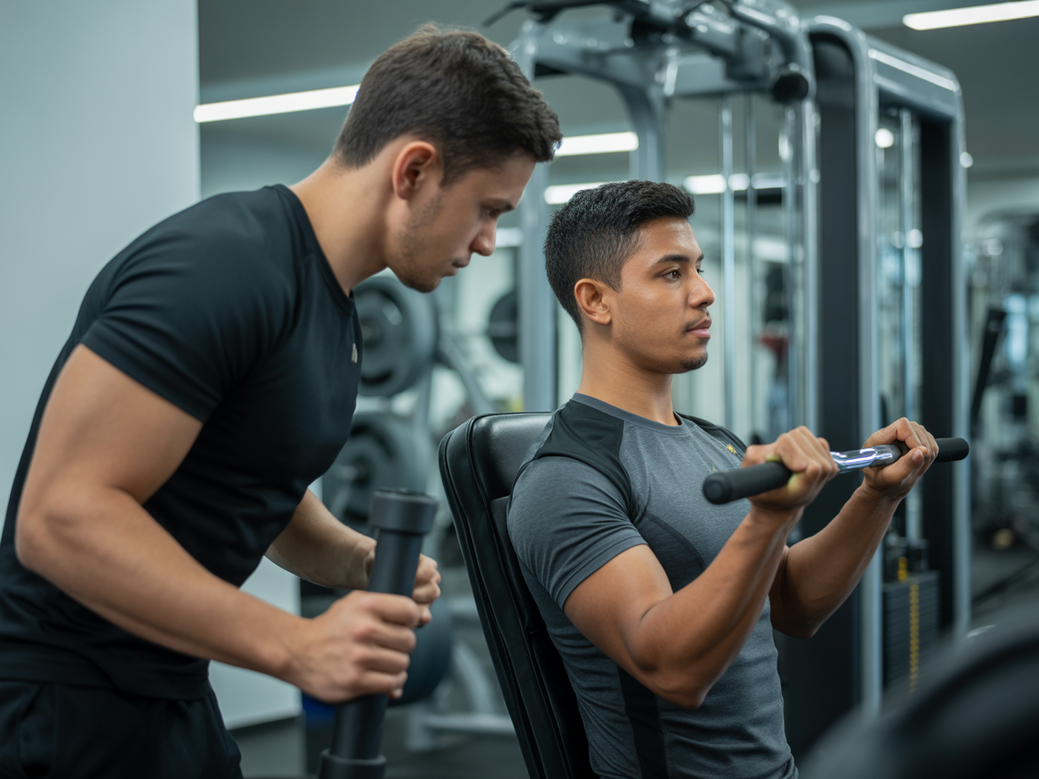 Personal trainer orientando cliente no desenvolvimento militar com máquina, focando na recuperação pós-covid.