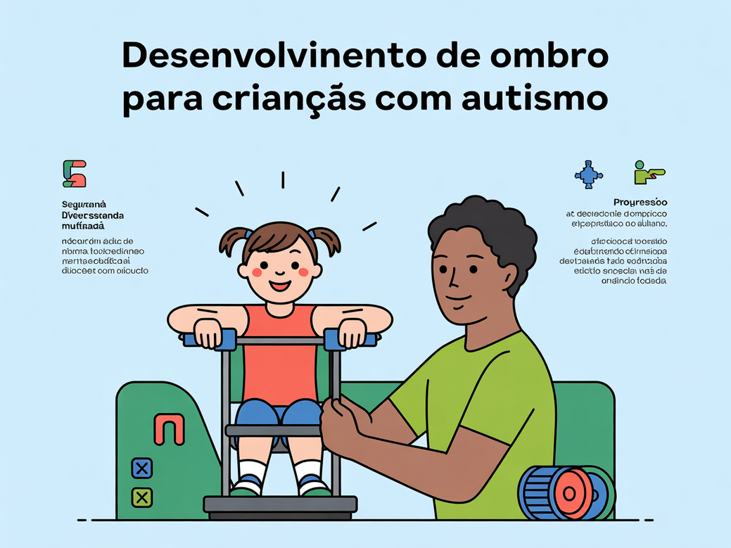 Infográfico sobre desenvolvimento de ombro na máquina para crianças com autismo, com exercícios e dicas de segurança.