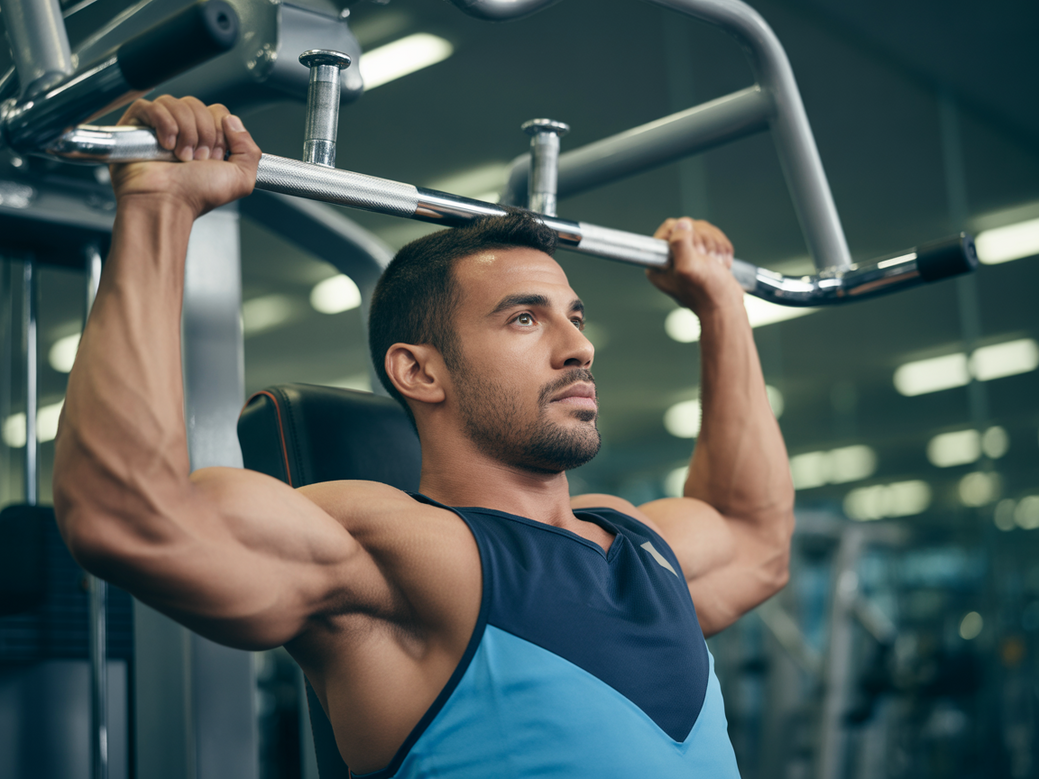 Atleta executando o desenvolvimento de ombro na máquina (shoulder press)