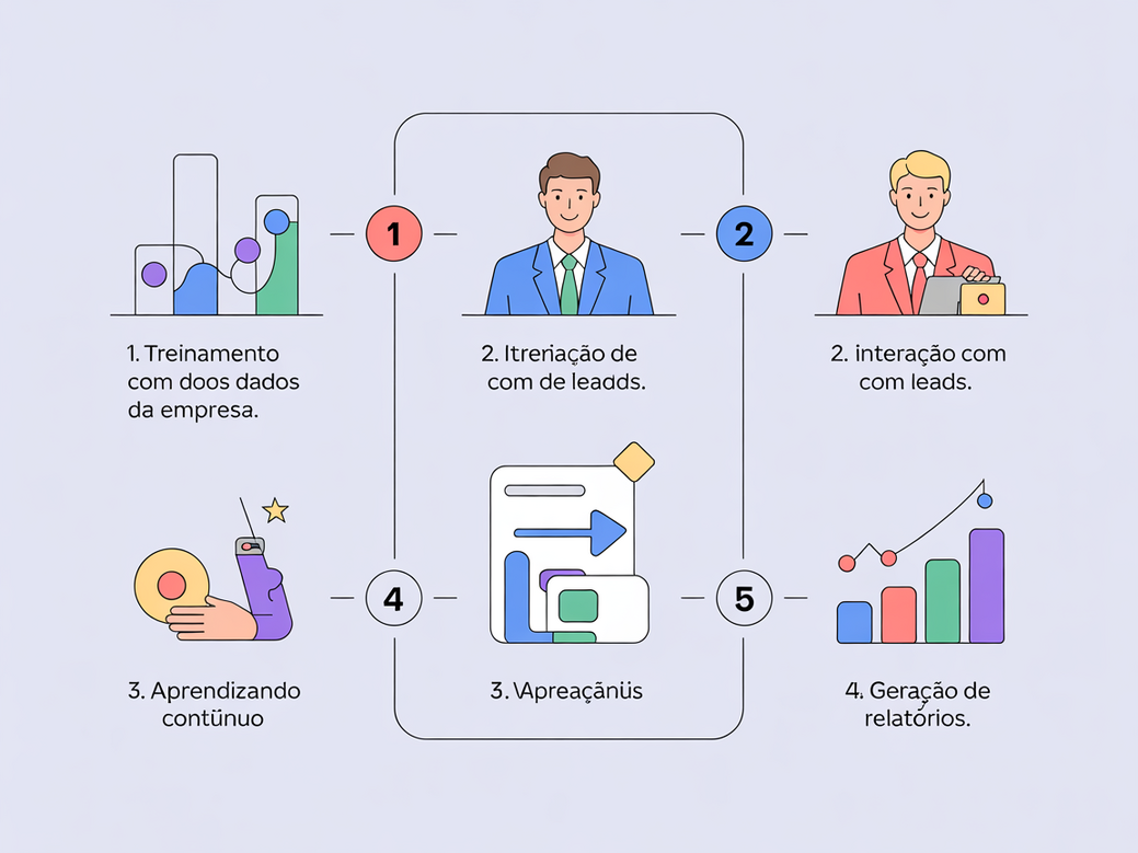 Diagrama explicando o treinamento de agentes de IA para vendas no Zappipe, o melhor CRM de 2026.