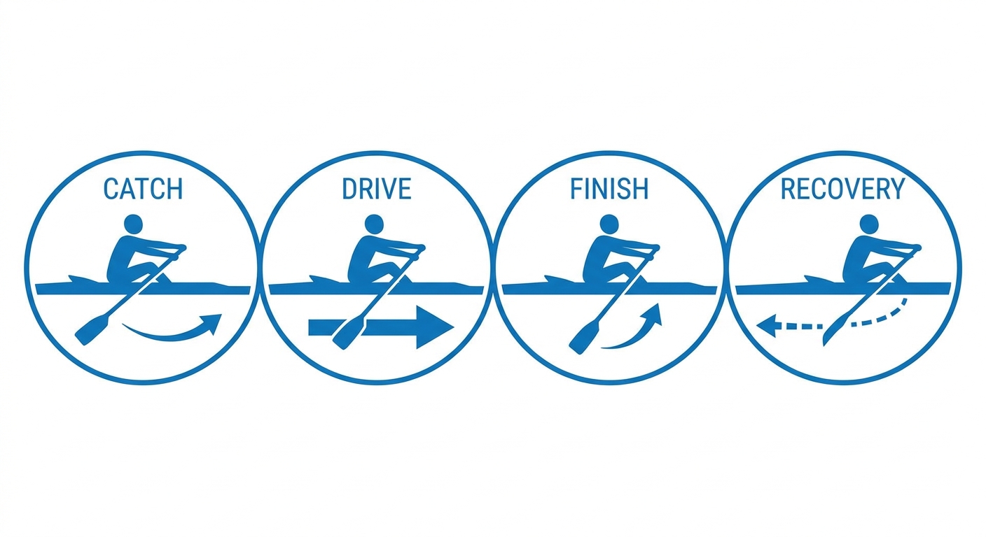 Diagrama do ciclo da braçada no remo indoor mostrando as fases Catch, Drive, Finish e Recovery