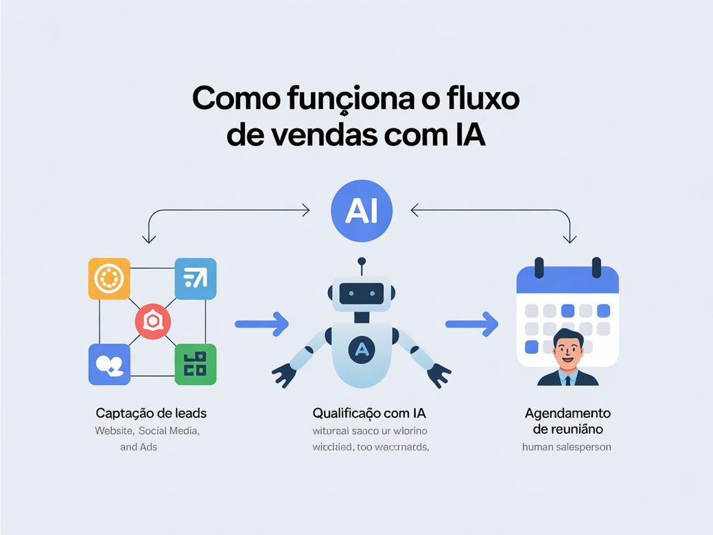 Diagrama do fluxo de uma equipe de vendas com IA: Captação, Qualificação, Agendamento e Venda