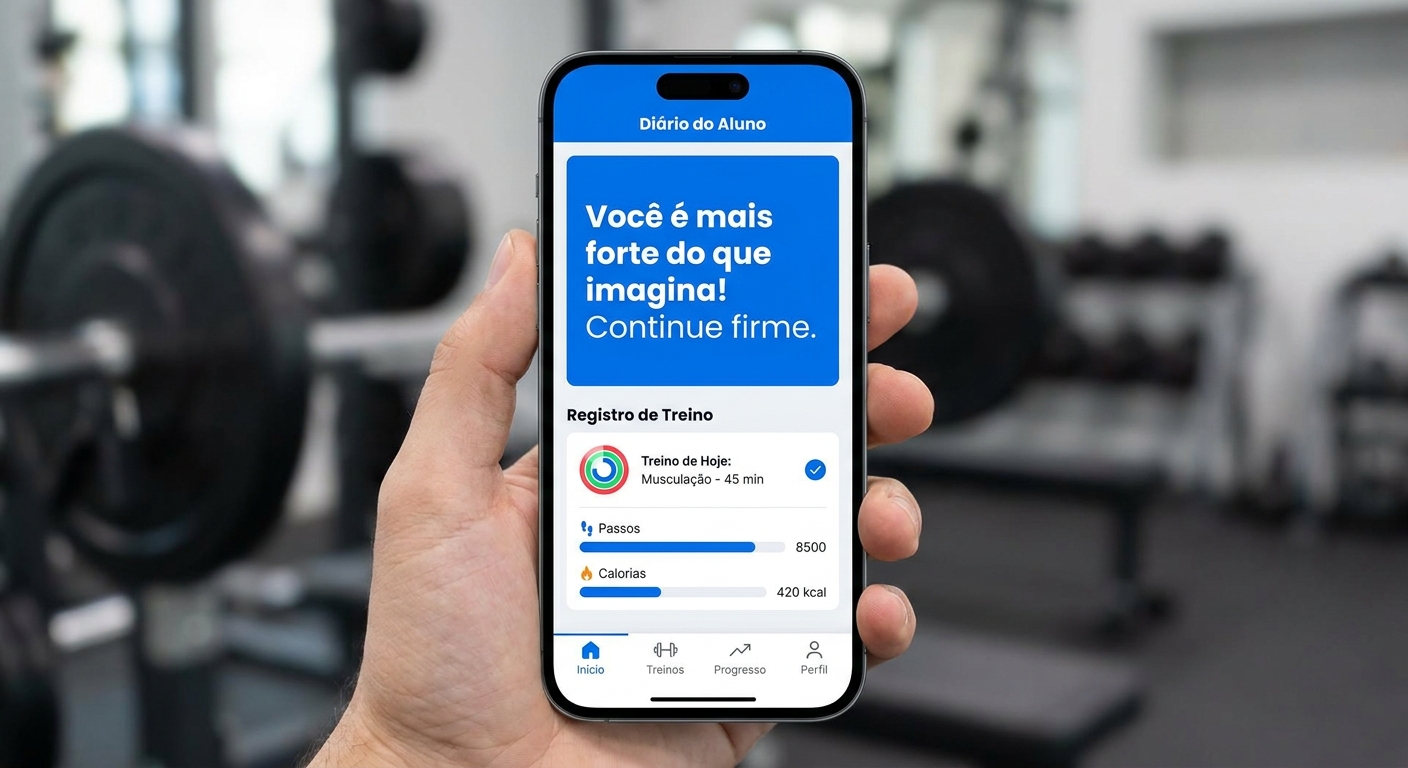 App Personal Millbody - Diário do Aluno Print do aplicativo Personal Millbody mostrando a tela de diário do aluno com mensagem motivacional e tracking de treinos