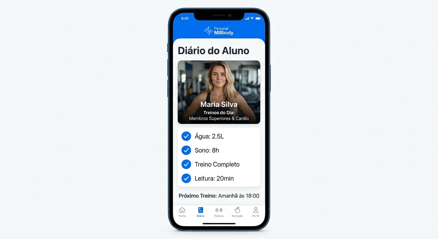 Aplicativo para personal trainer com diário do aluno e checklist de hábitos - Personal Millbody