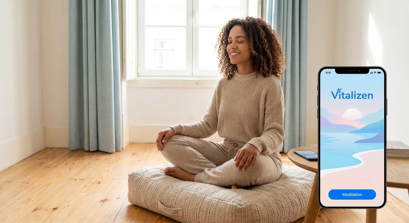 Jovem meditando em ambiente calmo com app Vitalizen ao lado