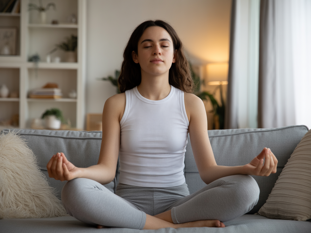 Jovem começando a prática de meditação em um ambiente calmo e iluminado.