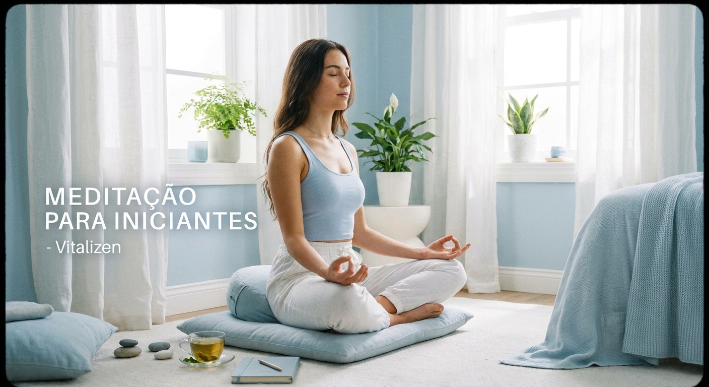 Mulher praticando meditação guiada em casa usando dicas de meditação para iniciantes do Vitalizen App