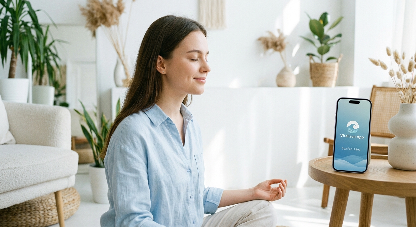 Mulher praticando meditação guiada usando dicas de meditação para iniciantes em ambiente tranquilo