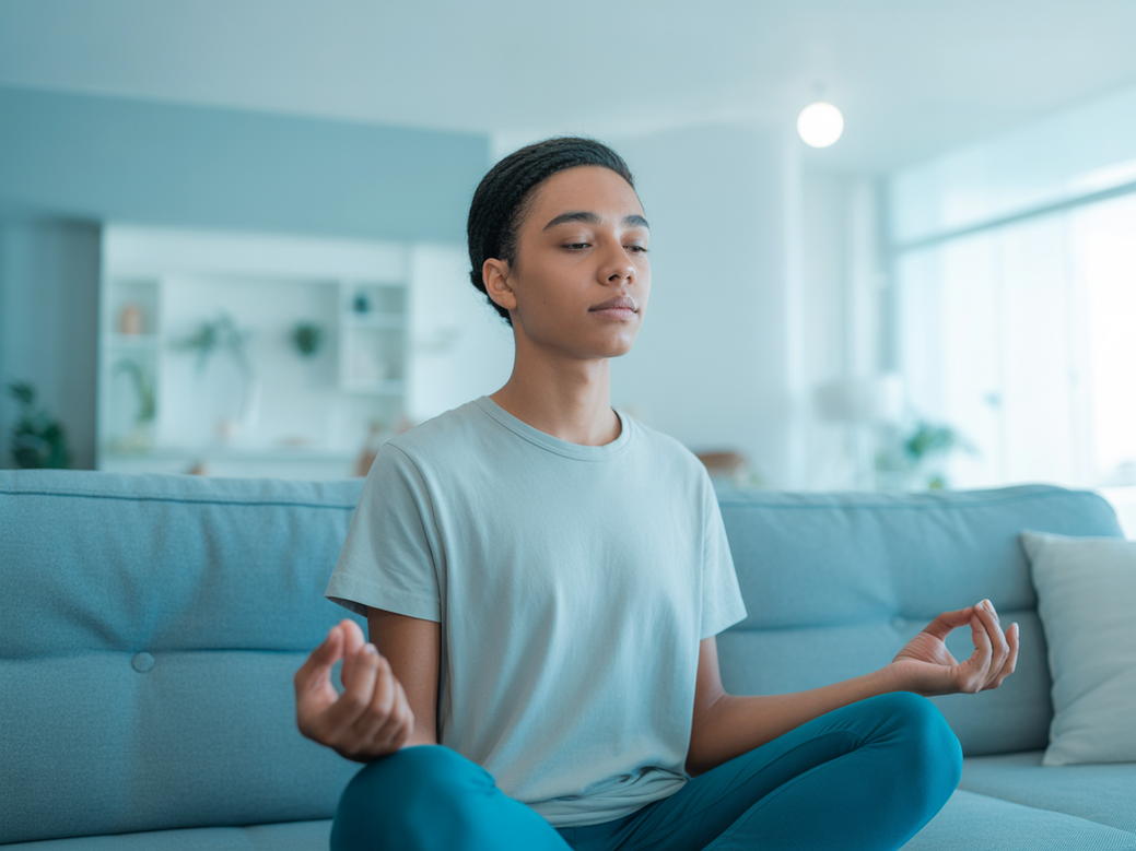 Mulher praticando meditação em um ambiente calmo, seguindo um guia sobre como praticar meditação para iniciantes.