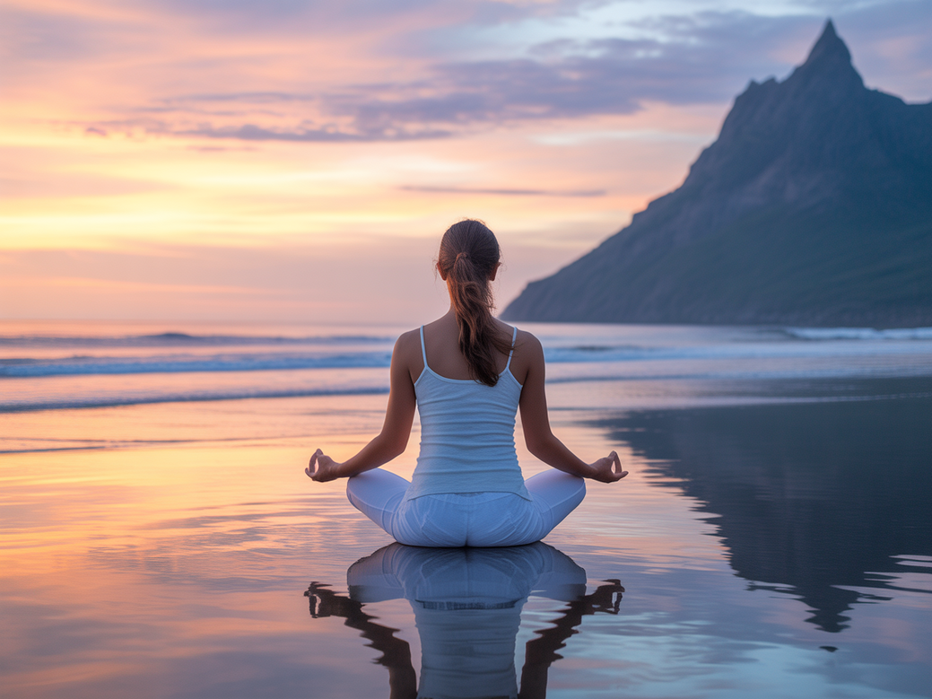 Mulher meditando em ambiente sereno, simbolizando a elevação da consciência com meditação e mindfulness.