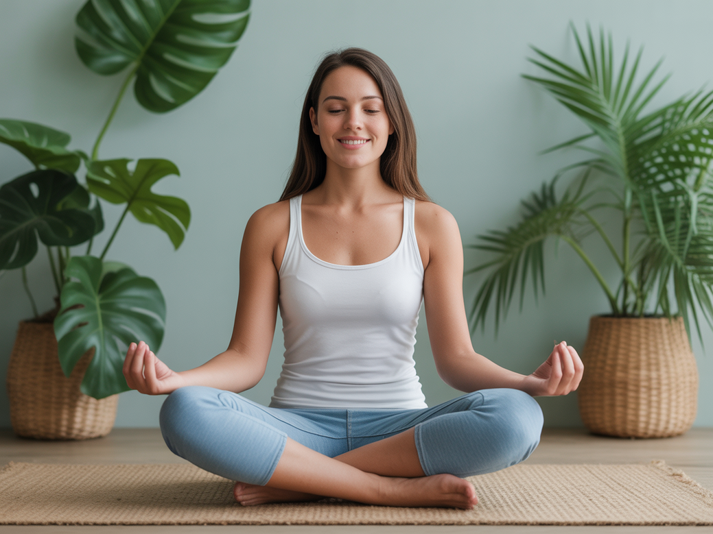 Mulher seguindo dicas de meditação para iniciantes em um ambiente tranquilo, oferecido pela Vitalizen.