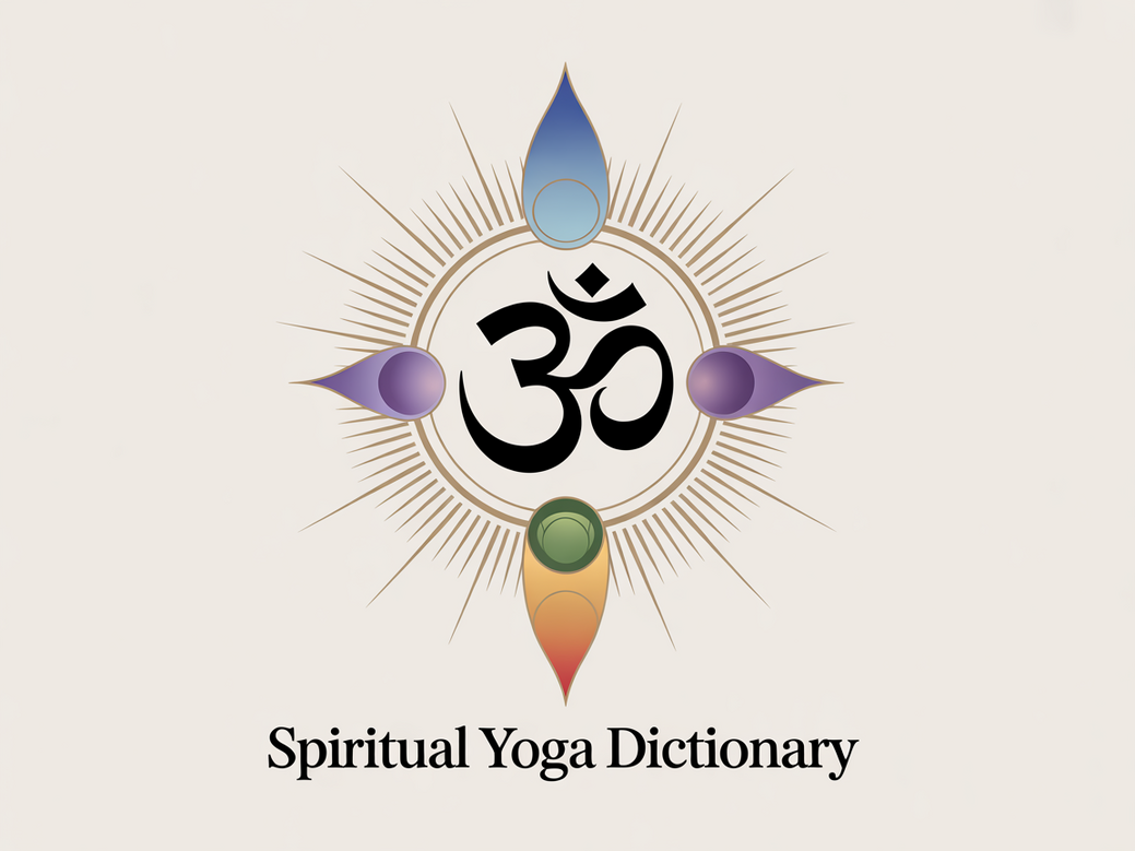 Dicionário de yoga espiritual ilustrado com símbolos de Om, chakras e a flor de lótus, representando o autoconhecimento.