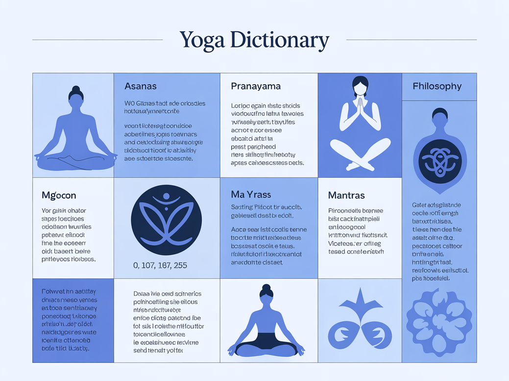 Infográfico do Dicionário de Yoga com categorias como Asanas, Pranayama, Mantras e Filosofia, ilustrando os principais termos de yoga