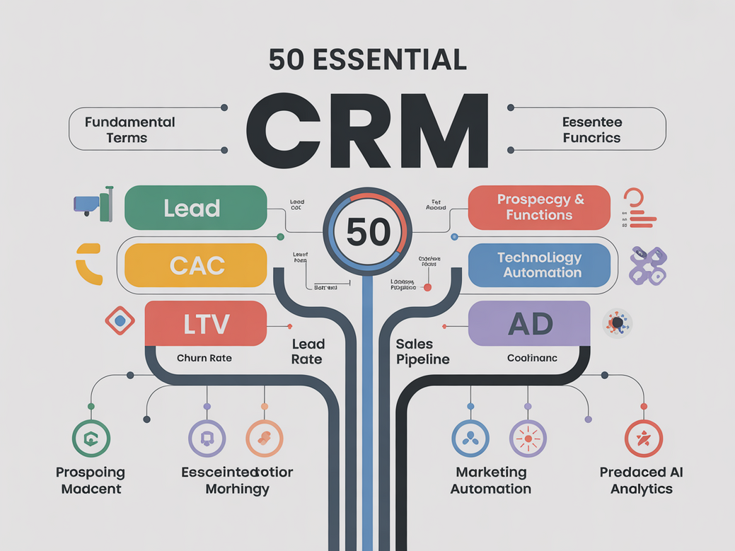 Dicionário CRM com um infográfico dos 50 termos mais importantes para a gestão de relacionamento com o cliente.