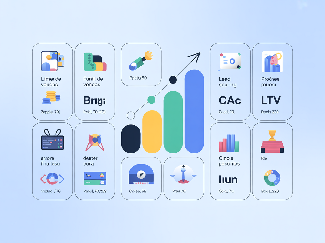Um glossário de CRM visual com ícones representando termos como funil de vendas, lead scoring e CAC.