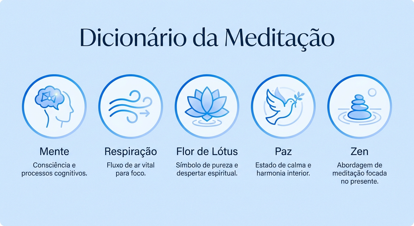 Dicionário da Meditação: termos e técnicas com ícones minimalistas representando mente, respiração, lótus e paz