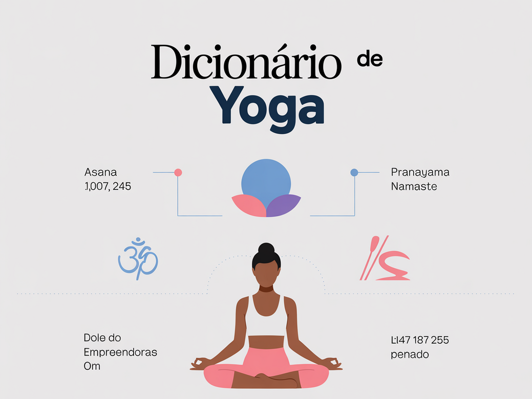 Infográfico Dicionário de Yoga com os termos Asana, Pranayama, Namaste e Om em tons de azul da marca Vitalizen