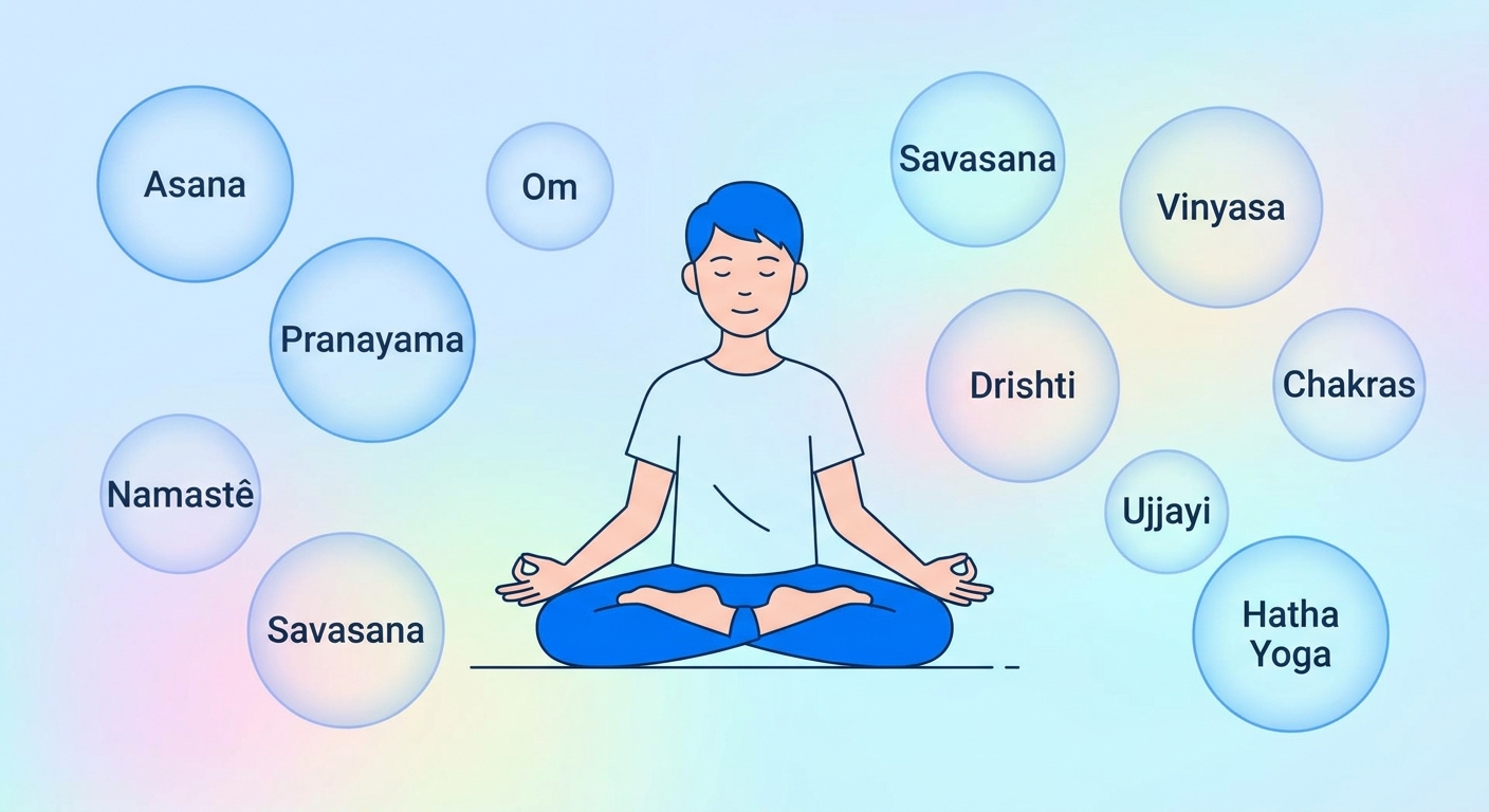 Guia com os principais termos de yoga para iniciantes: Asana, Pranayama, Om, Namastê, Savasana, Vinyasa, Drishti, Chakras, Ujjayi e Hatha Yoga