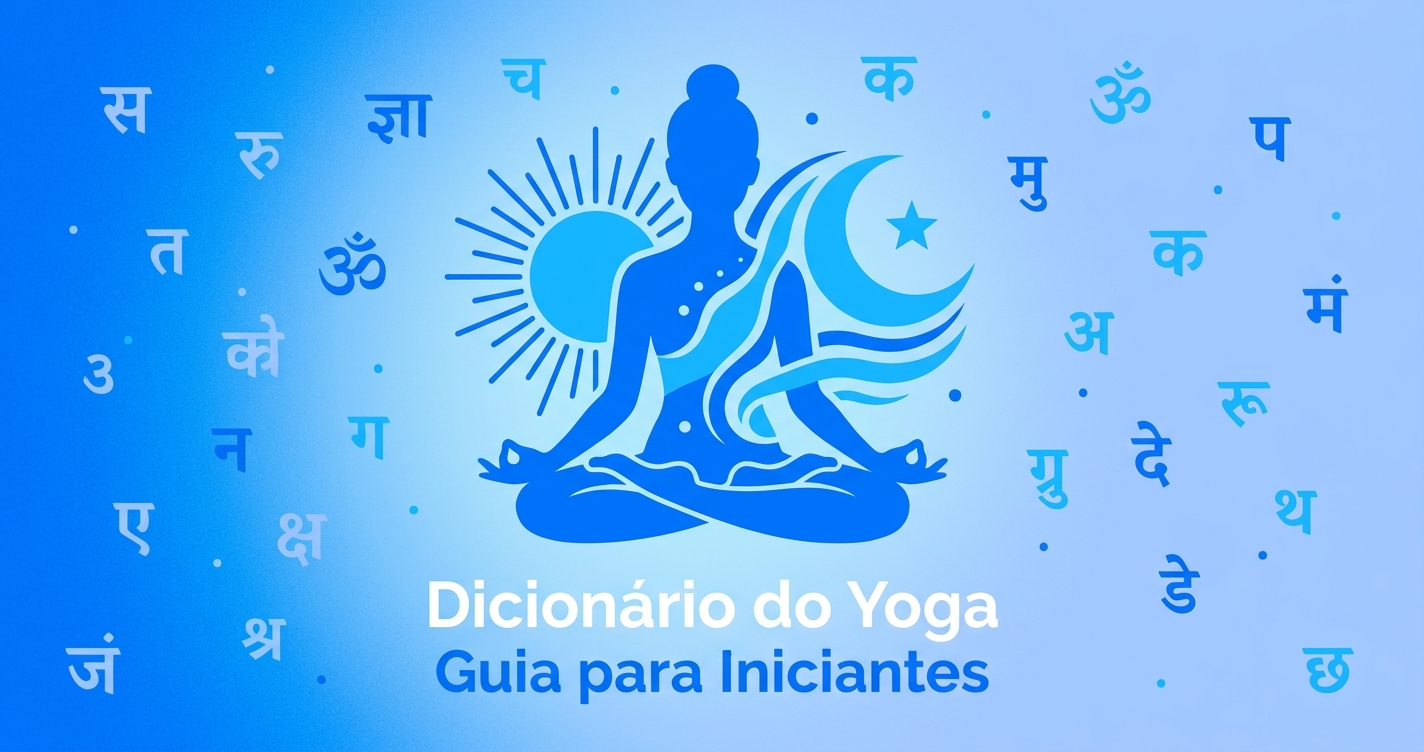 Dicionário do Yoga: guia completo de termos essenciais para iniciantes, com ilustração de silhueta feminina em postura de lótus, sol e lua ao fundo