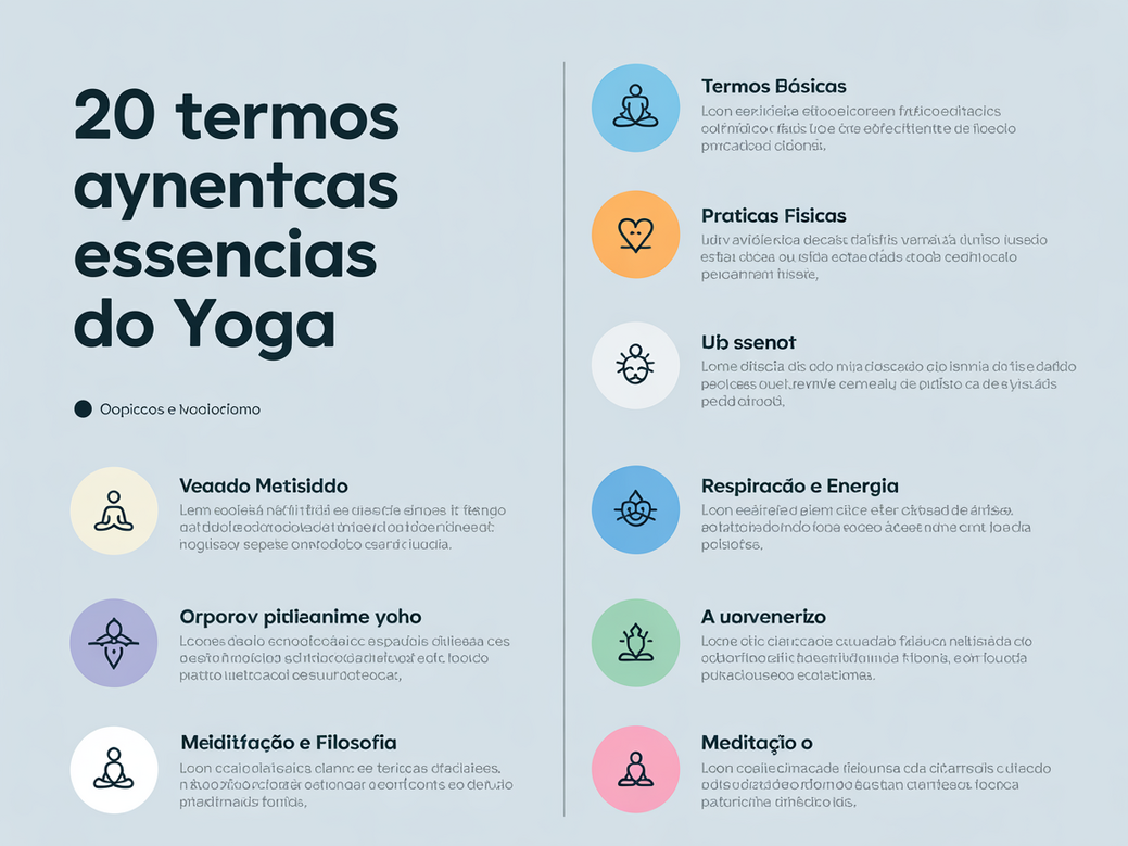 Infográfico com 20 termos essenciais do yoga para iniciantes, como Asana, Pranayama, Namaste e Om, organizados visualmente.