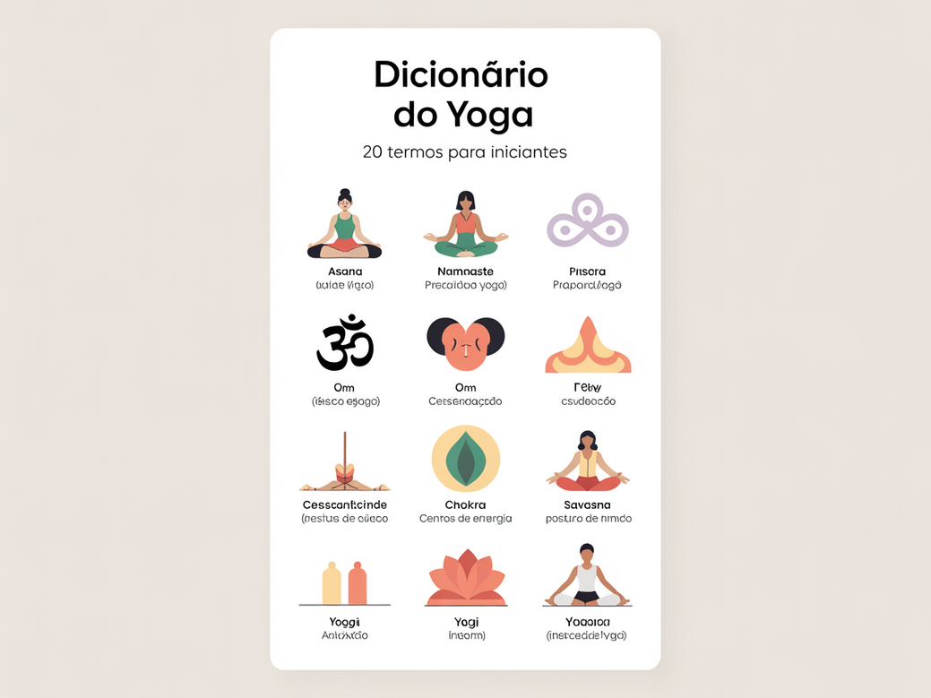 Infográfico Dicionário do Yoga com 20 termos essenciais para iniciantes, como Asana, Pranayama e Namaste.