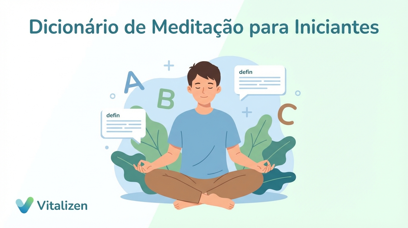 Dicionário de meditação mostrando termos essenciais para iniciantes no Vitalizen App