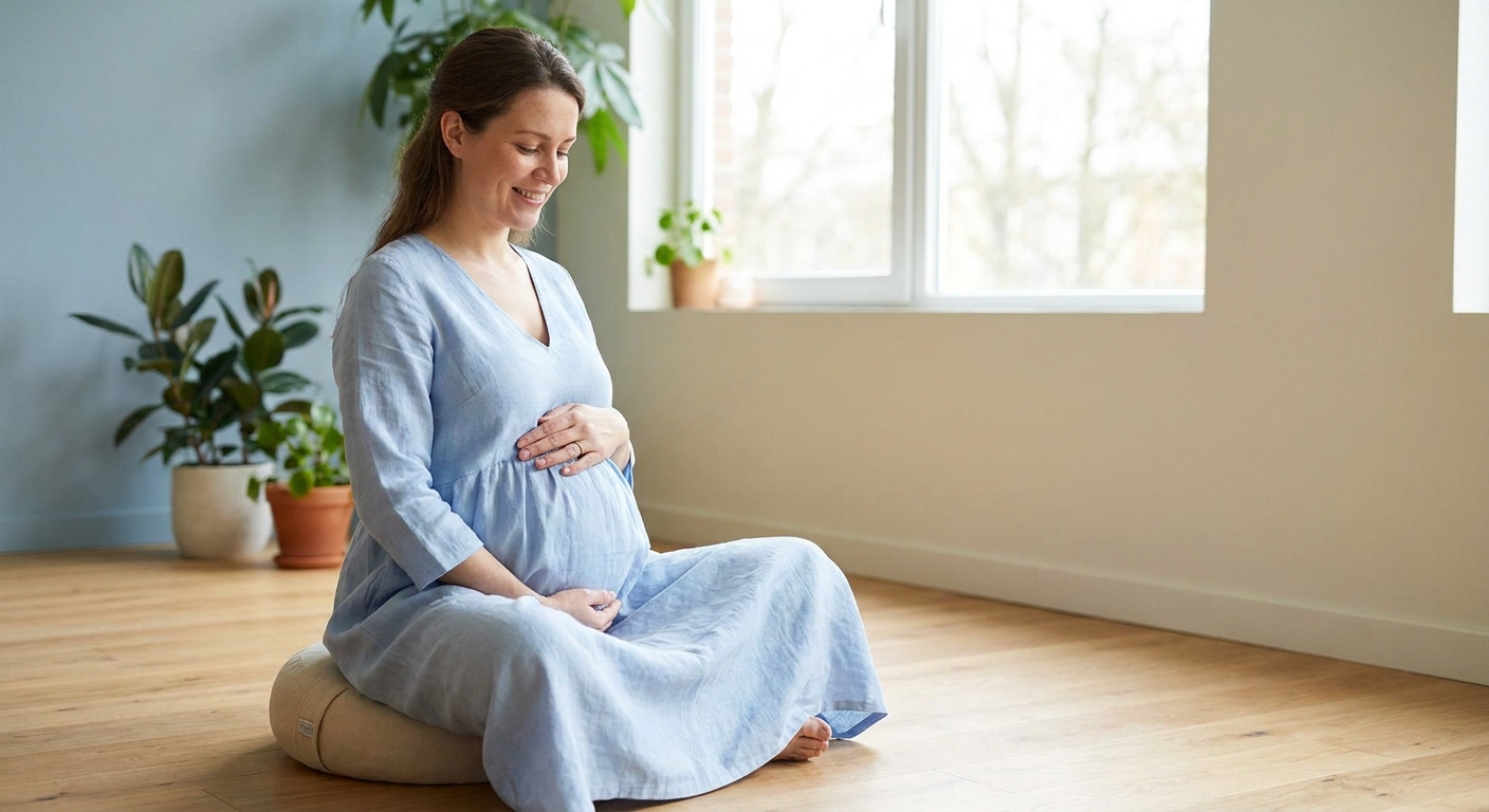 Gestante meditando com serenidade e conexão com o bebê